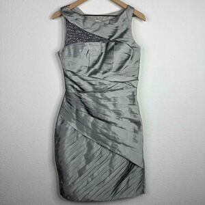 ML Monique Lhuillier Dress Women’s Size 8 Silver Grey‎ Ruched Wedding Cocktail